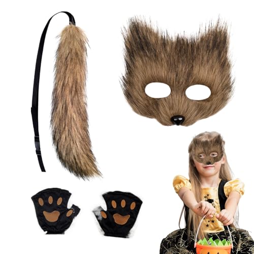 Qidures Katze Fuchs Cosplay, Kunstpelz Fuchs Maske, Pelzige Fuchs Maske+Fuchs Tails Kostüm+Katze Fuchs Handschuhe, Karneval Halloween Party Cosplay Kostüm Set von Qidures