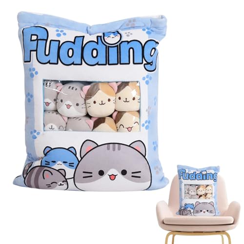 Qidures Nette Snack Kissen Gefüllte Tier Spielzeug, Snack Kissen Stofftierspielzeug, Katzen Plüschkissen, Pudding Kissen Katze, Abnehmbare Spielzeug Katze Pudding Kissen Tasche Mit 8 Katzen Puppen von Qidures