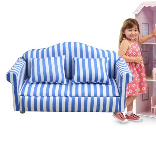 Qikam Miniatur-Puppenhaus-Couch-Sofa, Puppenhaus-Couch mit Kissen, Puppenhaus-Möbel-Couch- und Stuhl-Set im Maßstab 1:12 | Hochsimuliertes Miniatursofa aus Holzstoff, rote und weiße Streifen, von Qikam