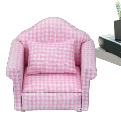 Qikam Miniaturcouch, Puppenhauscouch mit Kissen, 1 Miniatur-Sofa-Sessel im Maßstab 12, Sessel aus Holzstoff, hochsimulierter gepolsterter Puppenhaus-Liegestuhl, Miniaturmöbelspielzeug für Kinder von Qikam