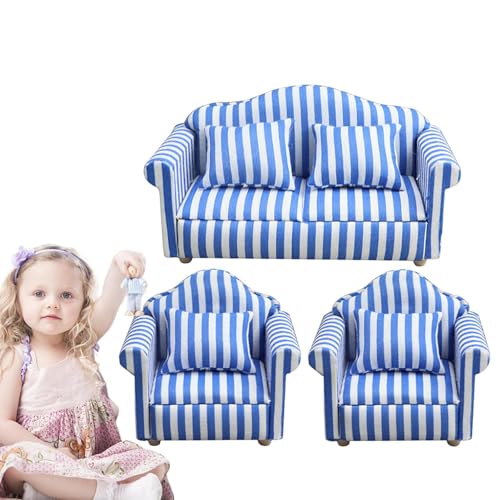 Qikam Puppenhaus-Couch mit Kissen, Puppenhaus-Sofa-Set - Miniatur-Sofa-Sessel-Spielzeug im Maßstab 1:12 - Rot-weiß gestreifter Miniatur-Sofa-Sessel aus Holzstoff, Puppenhaus-Wohnzimmermöbel für Kinder von Qikam