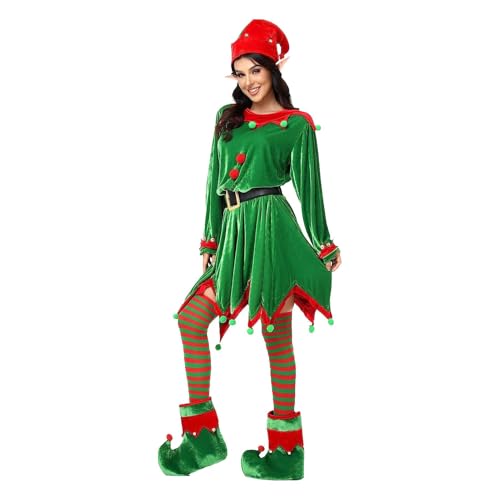 Qikam Weihnachtselfen-Kostümset für Kinder - Elfenkostüm Anzug Festliches Outfit,Lustiges festliches Outfit mit Schuhgürtel, Elfenohr, Elfenhut, Kleid, Strumpf für Weihnachtsparty-Rollenspiele von Qikam