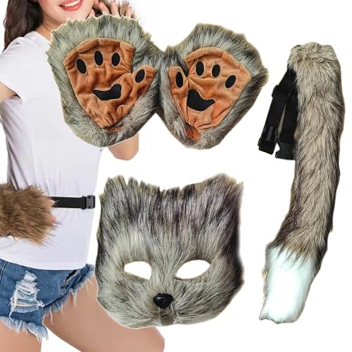 Qikam Wolfsmaske, Katzengesichtsbedeckung | Faux Wolf Cosplay Maske,Faux Wolf halbe Gesichtsbedeckung, pelzige Pfote, Gesichtsbedeckung und Schwanz-Set für Halloween-Abschlussball, Partys von Qikam