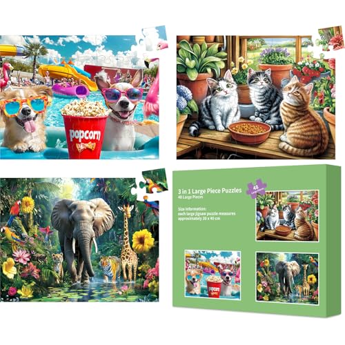 3 Packungen großes Puzzleteil für Erwachsene – Demenz, 48 Teile Puzzles für ältere Erwachsene, Alzheimer-Hunde, Elefanten, Gedächtnisspiele für ältere Senioren, mit 3 Aufbewahrungstaschen von Qingdewan