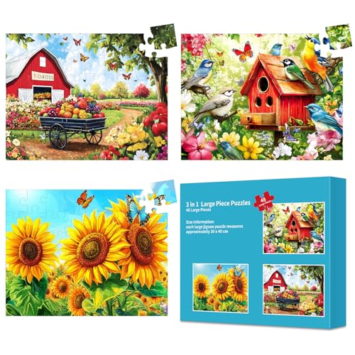 3 Packungen großes Puzzleteil für Senioren und Kinder – Demenz, 48 Teile Puzzles für ältere Erwachsene, Alzheimer-Puzzles, Gedächtnisspiele für ältere Senioren mit 3 Aufbewahrungstaschen von Qingdewan