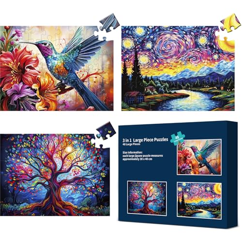 Qingdewan 3er-Pack Puzzle mit 48 großen Teilen für Senioren Papier-Demenz-Puzzles für ältere Erwachsene Einfaches Puzzle Kolibri, Baum, Sternennacht Puzzle-Aktivitäten für ältere Senioren Geschenk von Qingdewan