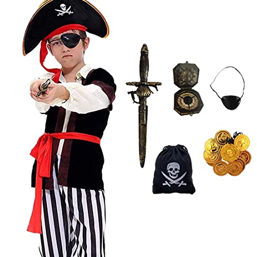 Qingzhuan Piratenkostüm Kinder, Jungenkostüm mit Piratenhüten, Augenklappe, Piratenzubehör, Piratenkostüm für Halloween, Piratenparty, Fasching, Größe M von Qingzhuan