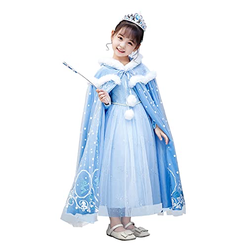 Qingzhuan Prinzessin Kapuzenumhang Kostüm, Mantel für Mädchen Prinzessin dicken Mantel Dress Up Clothes für Halloween Weihnachten Karneval Cosplay-Blau,S von Qingzhuan