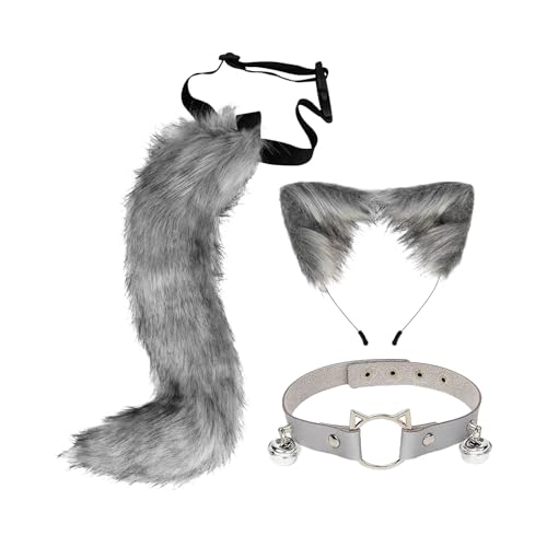 Qinlenyan Tier Ohr Stirnband Katze Set 1 Cosplay Fake Fox Tail Kragen Weich Fuzzy Plüsch Verstellbarer Taillenumfang Anti-Rutsch Performance Club Dance Party Grau von Qinlenyan