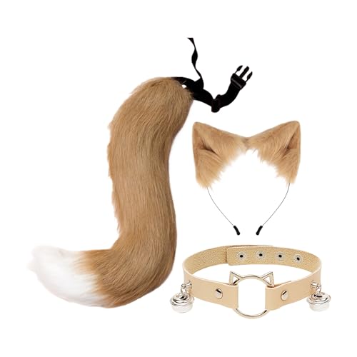 Qinlenyan Tier Ohr Stirnband Katze Set 1 Cosplay Fake Fox Tail Kragen Weich Fuzzy Plüsch Verstellbarer Taillenumfang Anti-Rutsch Performance Club Dance Party Kaffee von Qinlenyan