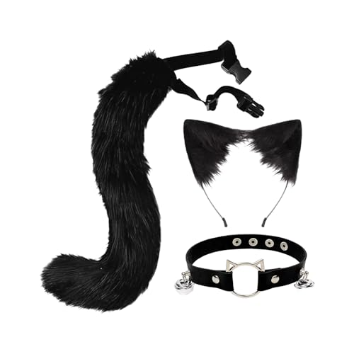 Qinlenyan Tierohren Stirnband Katze Set 1 Cosplay Fake Fox Tail Kragen Weich Fuzzy Plüsch Verstellbarer Taillenumfang Anti-Rutsch Performance Club Dance Party Schwarz1 von Qinlenyan