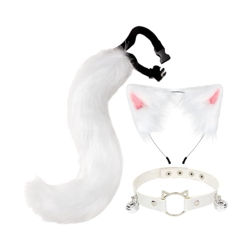 Qinlenyan Tierohren Stirnband Katze Set 1 Cosplay Fake Fox Tail Kragen Weich Fuzzy Plüsch Verstellbarer Taillenumfang Anti-Rutsch Performance Club Dance Party Weiß von Qinlenyan