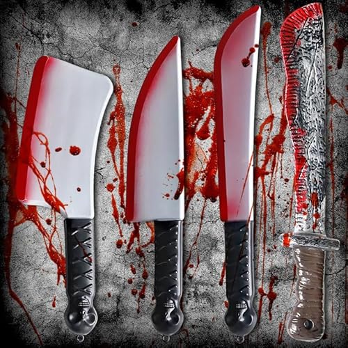 Qintora 4 Stück Halloween Messer Mit Blut,Halloween Kostümschneider,Plastik Messer für Halloween,Spielzeug Machete, Küchenmesser,Halloween Accessoires,Karneval,Mottoparty,Cosplay von Qintora