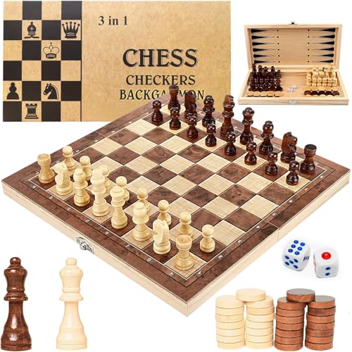 Qintora 3-in-1 Magnetisches Schachspiel aus Holz, Reiseschach und Backgammon - Hochwertiges Schachbrett, Faltbar, Ideal für Kinder und Erwachsene, 29 x 29 cm von Qintora