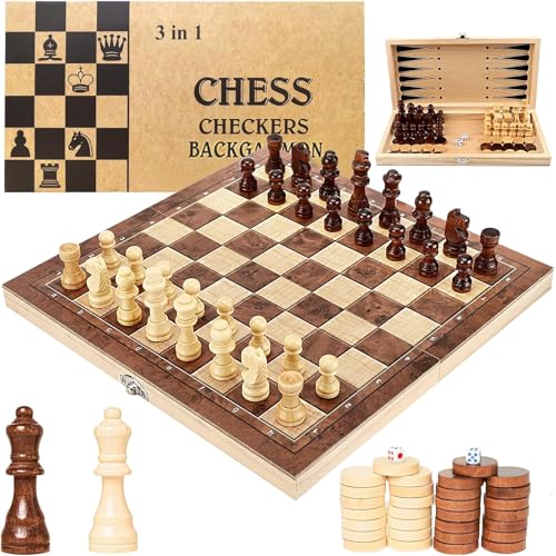 Qintora 3 in 1 Schachspiel Holz, Backgammon und Reiseschach Chess Board, Faltbar Schach Set, Ideal Schachbrett für Kinder und Erwachsene, 29 x 29 cm von Qintora