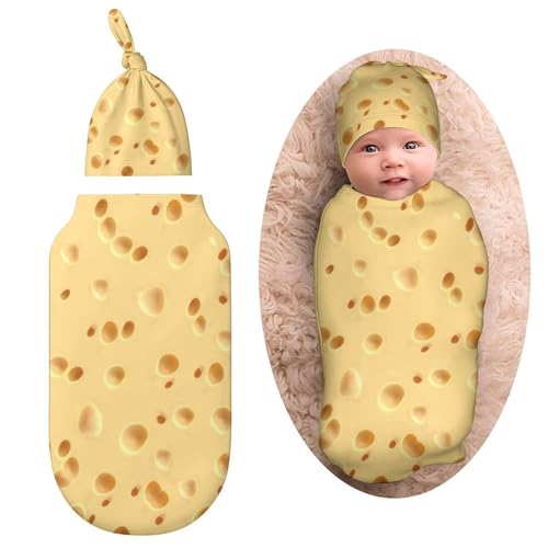 3D lustige realistische Lebensmittel-Käse Neugeborene Baby Wickeldecke mit Beanie-Mütze – weiche Baby-Schlafsack-Wickel – Geschenke für Jungen & Mädchen von Qiohoey