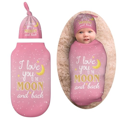 Qiohoey I Love You To The Moon And Back Neugeborene Baby Wickeldecke mit Beanie Mütze Baby Empfangsdecke Geschenke für Jungen Mädchen von Qiohoey