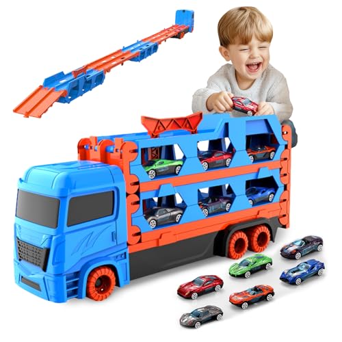 Qivange Transport Truck Spielzeug für oder 3 4 5 6 7 Jahre alt Jungen Geschenke, 9 in 1 Portable Truck Spielzeug mit 12 Race Cars, Kinder Auto Spielzeug Geschenk Carrier Fahrzeuge Spielzeug Set von Qivange