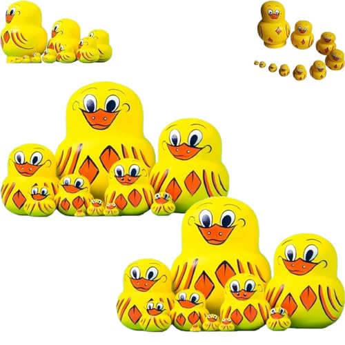 Qixfyze Gestapelte Ente, Matroschka gelbe Holzente, Endlose russische Nesting Dolls Entenstreich, Holz gelbe Ente handgefertigt russisch, pädagogisches Lernspielzeug for Erwachsene(2set) von Qixfyze