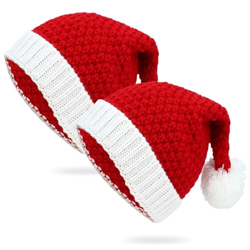 Qixuer 2 Stück Gestrickte Weihnachtsmütze, Weihnachtsmütze für Erwachsene und Kinder Nikolausmütze Plüsch Rand Weihnachtsfeier Rot Weihnachtsmann Mütze Elastische Weich von Qixuer