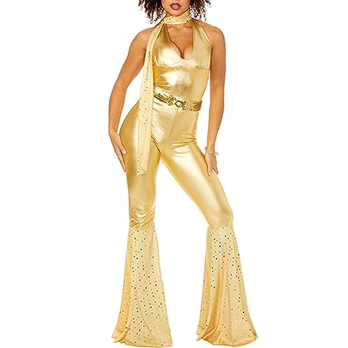 Qiyun.z 60er-70er-Disco-Kostüme für Damen, Disco-Outfit, Damen-Hippie-Kostüm mit Schlaghose, Golden, L von Qiyun.z