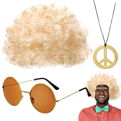 Qizeroty Hippie Kostüm Set, Flippige Afro Disco Perücke Sonnenbrille Friedenszeichen Halskette, Partyzubehör Im Stil Der 50er/60er/70er Jahre Für Herren Und Damen von Qizeroty