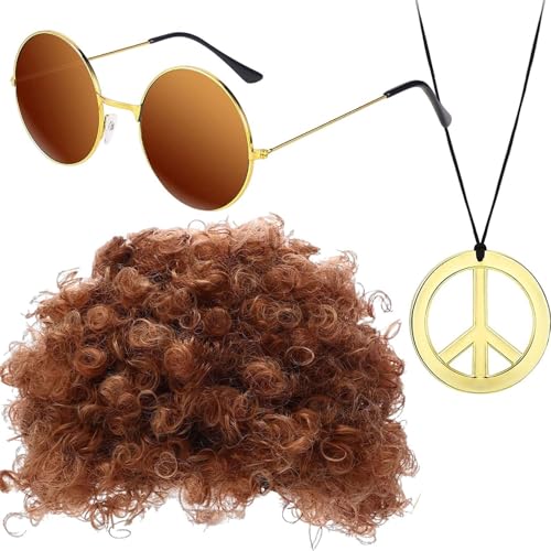 Hippie Kostüm Set, Flippige Afro Disco Perücke Sonnenbrille Friedenszeichen Halskette, Partyzubehör Im Stil Der 50er/60er/70er Jahre Für Herren Und Damen von Qizeroty