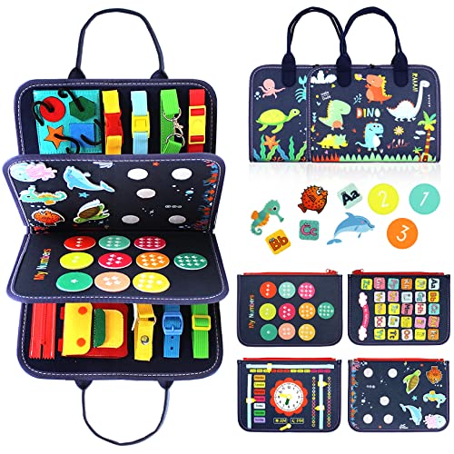 Qizfun Busy Board Montessori Spielzeug für 1 2 3 4 Jahre – Kleinkinder Activity Board Sensorisches Lernspielzeug, Kleinkind Reisespielzeug für Flugzeugauto, Geschenk für Jungen Mädchen (Blau) von Qizfun