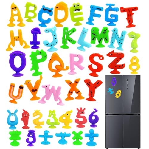 Qkbuza Badespielzeug mit Saugnapf für Kinder, Badespielzeug mit Saugnapf aus Silikon, 41X Saugspielzeug für Kleinkinder, Tierform Zahlen Alphabet Buchstaben sensorisches Lernspielzeug für Kinder über von Qkbuza