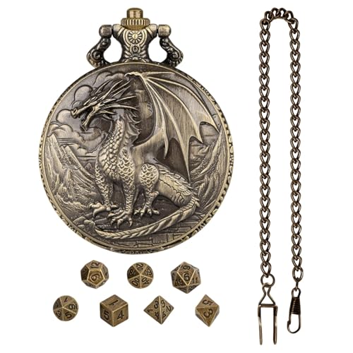 Qkbuza Drachen-Taschenuhr-Gehäuse, Rollenspiel-Würfel-Set mit Taschenuhr-Gehäuse - Drachenmuster Taschenuhrengehäuse Würfelset | Taschenuhr-Gehäuseset mit 7 Würfeln für Freunde und Familie von Qkbuza