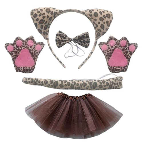 Qkbuza Leopardenmuster Katzenohren-Stirnband, Leoparden-Ohren-Stirnband – 5 Stück/Set Cat Ears Kostüm Leopard Halloween | Enthält Krallen, Fliege, Schwanz, Stirnband - ein von Qkbuza