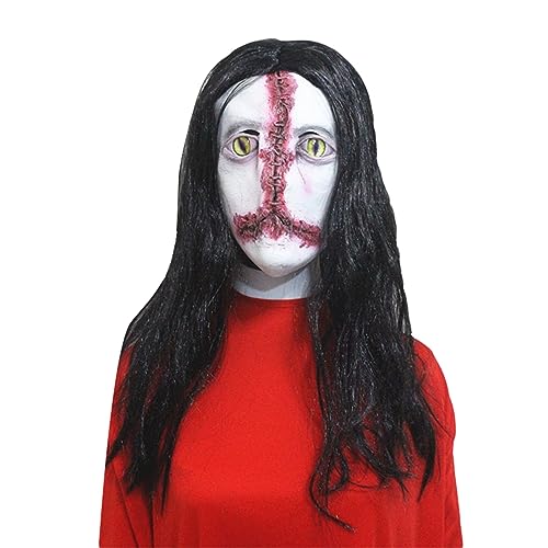 Qkiome Halloween-Geister-Gesichtsmaske mit Haaren, realistisch, gruselig, Schrei-Kopfbedeckung für Erwachsene, Rollenspiel, Party, Kostüm-Requisiten (schwarzes Haar, Katzenaugen, genähtes Gesicht, 20 von Qkiome