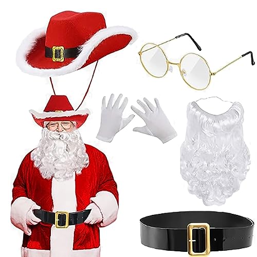 Qkiome Weihnachtsmann-Cosplay-Set, Weihnachtsmann, Cowboyhut, Gürtel, Schal, goldene Brille, Bart Handschuhe für Weihnachtsfeier, Kostümzubehör (Rot1, 5 Stück) von Qkiome
