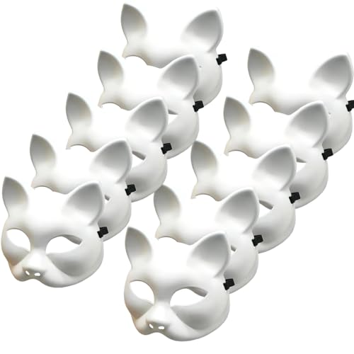 10pcs Katzenmaske Therian Masken, leere Katzenmasken zum Malen von Halloween -Maske, Plastik -Katzenmasken -Tiermasken für Kinder Adluts, halb Gesicht weiße Therian Maske mit Elastizität Band für H von QmjdDymx