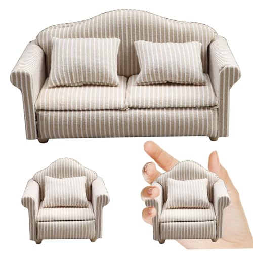 QmjdDymx 3pcs hölzerne Puppenhausmöbel Set, 1: 12 -Skala Doppel ＆ Einzelpuppenhaus Couch mit Kissen, Miniaturpuppenhaus -Sofa für Dollhouse Wohnzimmer, Puppenhausbett, Puppenhaus Couch von QmjdDymx