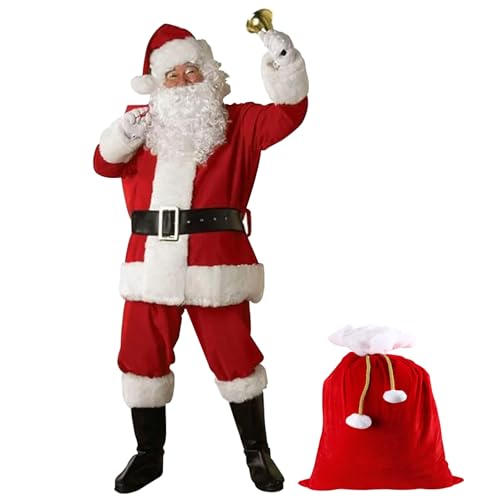 3xl-Santa Claus Kostüm 11pcs/Set Santa Outfit für Männer Frauen Weihnachtskostüme einschließlich Jacke Hosen Hut Perücken Bartgläser Handschuhe Glockenstiefel Deckungen Belt & Bag, Santa Claus Kost von QmjdDymx