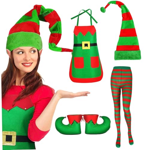 4PCS -Elf -Kostüm für Frauen, Weihnachtskostüme für Frauen, Weihnachtskostüm umfasst Weihnachtsschürze, Elfenschuhe, Elf -Hut und gestreifte Strümpfe, Weihnachtsschürzen für Frauen, Elfenkostüm von QmjdDymx