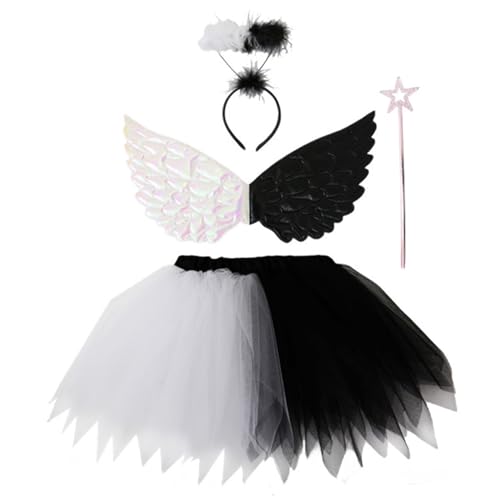 Engel Kostüm für Mädchen Schwarz -Weiß -Engel Kostüm Beinhaltet Rock, Zauberstab, Wing & Stirnband Weihnachten Halloween Kostüme für Mädchen für Party, Cosplay, Bühne, Kostüme für Mädchenkostüme von QmjdDymx