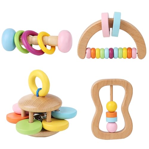 Holzbabyrassel, hölzerne Baby -Rassel 4pcs 4 Stil Glattes farbenfrohe Holzrasseln für Babyentwicklung Fade motorischem Widerstand beständiges hölzernen Babyspielzeug, Baby -Essentials, Baby Spielze von QmjdDymx