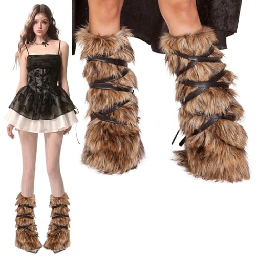 QmjdDymx 1 Paar Halloween pelzige Beinwärmer, 11,8 lange Wikingerflausch -Beinwärmer mit Lederpackung für Stiefel, Fuzzy -Beinwärmer für Cosplay -Krieger für Frauen, pelzige Beinwärmer, Kostüme von QmjdDymx