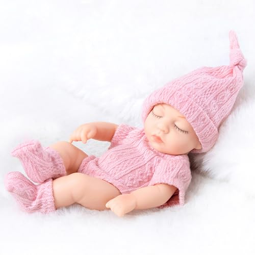 QmjdDymx Babypuppen aus weichem Vinyl, lebensecht, beweglich, realistische New-Bron-Babypuppe mit rosa Kleidung, Mini-Babypuppen für Mädchen, Silikon-Babypuppe, Babypuppen 7 Zoll von QmjdDymx