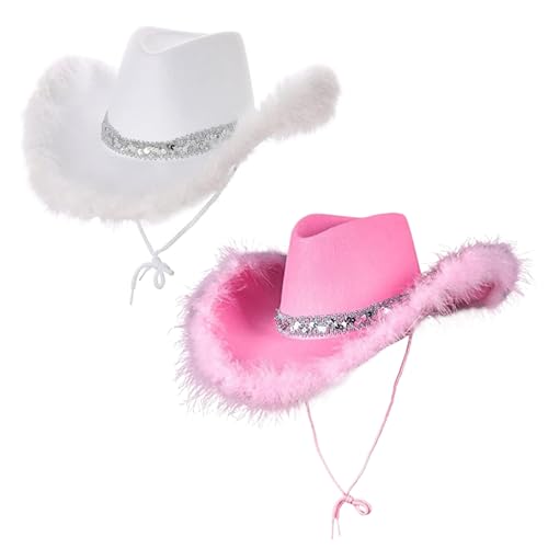 QmjdDymx Cowgirl Hut, Cowgirl Hut mit pelziger Kante 2pcs Wide Bim Cow Girl Hut Einzelfarbe Cowgirl -Hüte mit Pailletten und Kinngurt Cowboyhut für Partykostüm Cosplay, weißer Cowgirl Hut von QmjdDymx