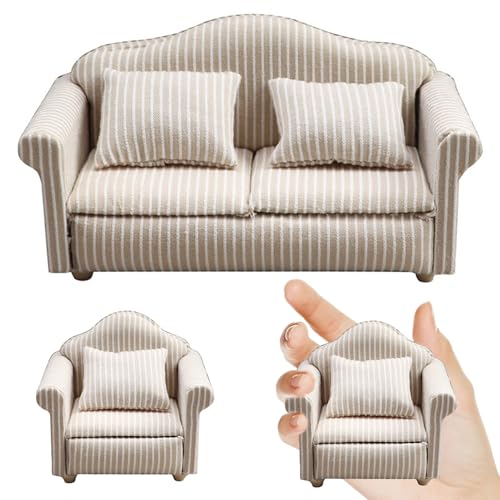 QmjdDymx Dollhouse Couch, Holzpuppenhausmöbel, 3PCS/Set 1: 12 Skala Doppel ＆ Einpuppenhaus Couch mit Kissen, 1 12 Skala Dollhouse Möbel, Holzpuppenhausmöbel Set von QmjdDymx