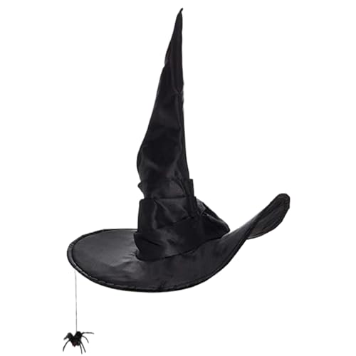 QmjdDymx Hexenhut, Hexenhut für Frauen, gemütlicher, geruchter Zaubererhut mit Spinnendekor, faltbares breites Krempel Magical Black Hexenhut Crazy Hut für Hexenkostüm, Halloween, schwarzer Hexenhut von QmjdDymx