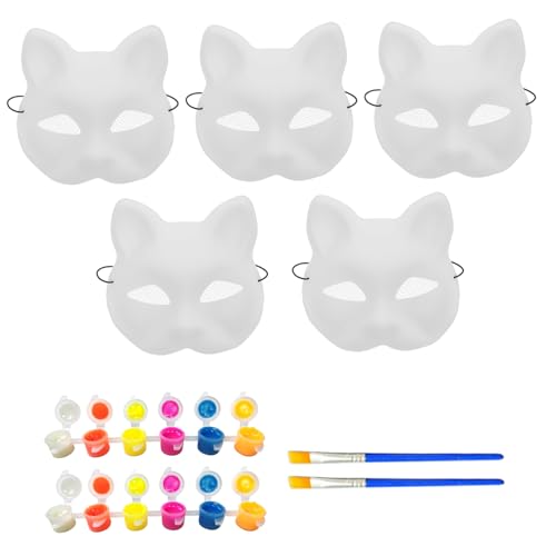 QmjdDymx Katzenmaske, 1 Set Cat Mask & Glow in the Dark Lack, 5 Katzenmaske Therian mit Augennetz und 2 Streifen Neonfarbe und 2 Pinselpinsel, Halloween -Maske, Katzenmaske Therian von QmjdDymx