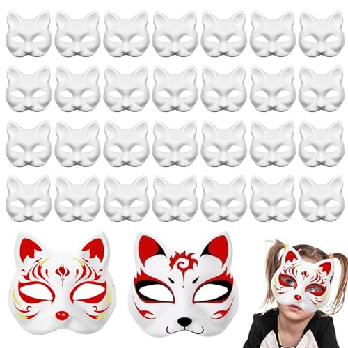 QmjdDymx Katzenmaske 30 Stück Katzenmasken zum Bemalen DIY weiße Katzenmaske süße realistische Therian-Maske dekorative Halbgesichts-Tiermaske für Halloween-Maskenball-Cosplay-Party von QmjdDymx