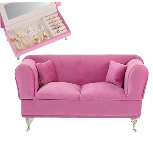 QmjdDymx Puppencouch, Schmuckkastenfach Öffnungsfähiger Sofa-Form 1/6 Skala-Möbel mit Spiegel Samtstaubdacht Doll Couch mit Deckelschmuckschachteln für Puppenmöbel, Stil 1 von QmjdDymx