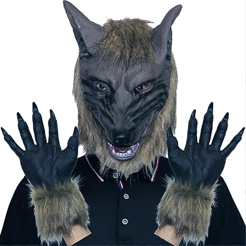 QmjdDymx Wolf Head Mask Halloween Scary Full Face Werwolf Maske mit Handschuhen für Halloween und Cosplay -Kostümparty Horror Nights Black 1pc Handschuhe von QmjdDymx