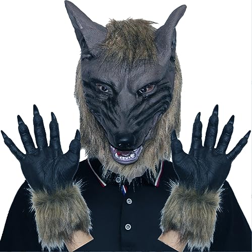QmjdDymx Wolf Head Mask Halloween Scary Full Face Werwolf Maske mit Handschuhen für Halloween und Cosplay -Kostümparty Horror Nights Black 1pc Werwolf Maske von QmjdDymx