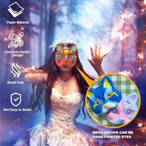 Therian Maske, 5pcs Katzenmaske weiße Katzenmasken zum Malen von DIY -Halbbedeckung Therian Maske mit Augennetz ＆ Elastic Band PVC Animal Maske für Halloween Cosplay Party Maskerade Maske, Katzenma von QmjdDymx